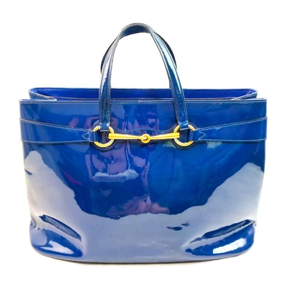 Auth Gucci Medium Bright Bit Blue Patent Leather Tote Bag Horsebit Enamel Purse